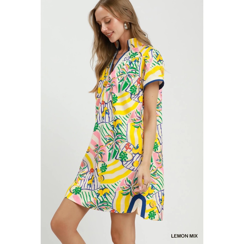Umgee Tropical Print Collared Shift Dress - Lemon Mix - Large - Picture 2 of 5